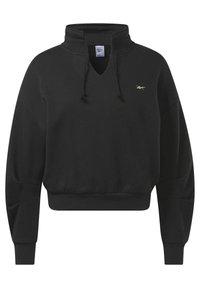 Černá zkrácená mikina s vysokým límcem, šňůrkami, dlouhými rukávy, žebrovanými manžetami a malým bílým logem Reebok na hrudi.