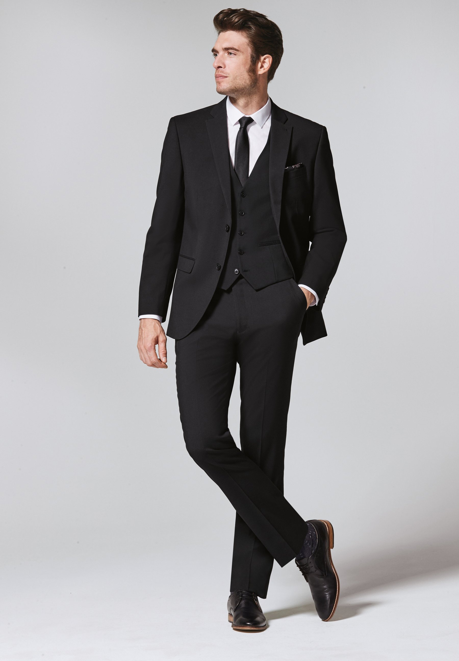 Black Suit Gray Vest Button Wool Black Suit With Grey Vest 3PC Pieces