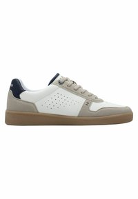 Adidași albi cu accente gri și bleumarin, având material din piele și velur, design perforat pe lateral și talpă din cauciuc.