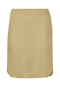 Jupe en lin beige longueur genou, avec une texture lisse, dotée de deux poches latérales et d'un ourlet légèrement incurvé en bas.