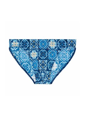 Plavky spodní díl s modrým vzorem dlaždic a květinovými motivy. Vyrobeno z elastické látky s jemným leskem a zakončeno kontrastním lemem.