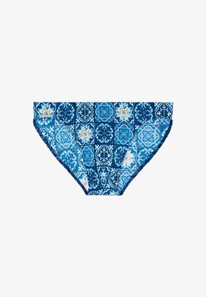 Plavky spodní díl s modrým vzorem dlaždic a květinovými motivy. Vyrobeno z elastické látky s jemným leskem a zakončeno kontrastním lemem.