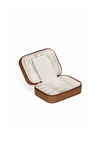Brown leather jewelry box with a white interior, zip closure, multiple compartments, and a removable organizer with holes for rings.