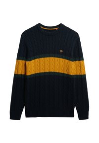 Granatowy sweter dzianinowy z wzorem w warkocze, z żółtą i zieloną poziomą paskiem na klatce piersiowej. Ribbowane mankiety i dół.