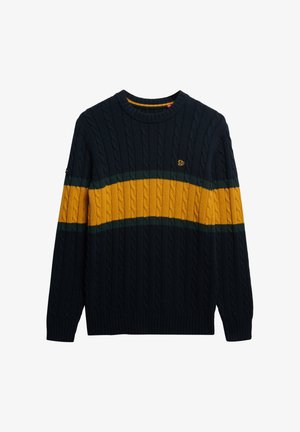 Marine gebreid sweater met kabelpatroon, met een gele en groene horizontale streep over de borst. Ribgebreide manchetten en zoom.