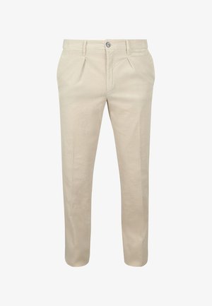 Beige corduroy trousers with a tailored fit, featuring a flat front, pleats, and a single button closure. Smooth texture and straight legs.