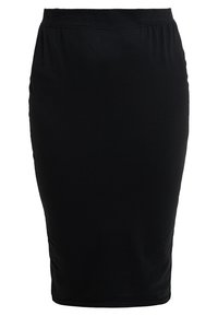 Mustassa polvvartisten kynähame, joka on valmistettu venyvästä kankaasta. Hameessa on muotoiltu siluetti ja joustava vyötärö mukavuutta varten. Ei näkyviä kuvioita.