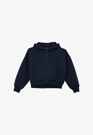 Dunkelblaue Zip-Hoodie aus weichem Material. Verfügt über eine Fronttasche, Kapuze und elastische Bündchen mit einem verkürzten Design.
