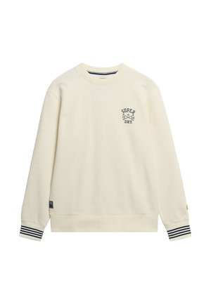 Cream-colored sweatshirt made of soft fabric, featuring a navy logo and striped cuffs. Classic round neck and relaxed fit.