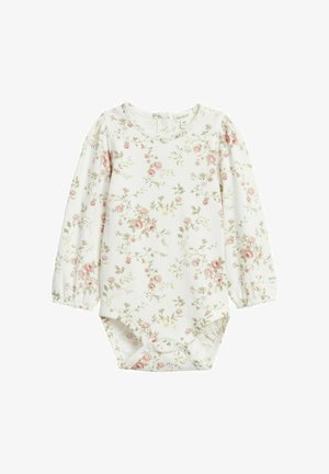 Langärmliger weißer Baby-Body mit pink-grünem Blumenmuster, Druckknöpfen am Schritt und elastischen Handgelenkbündchen.