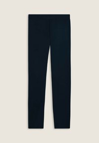 Leggings blu marina realizzati in tessuto elasticizzato, con un alto punto vita e una silhouette aderente. Texture liscia e colore uniforme, senza motivi visibili.