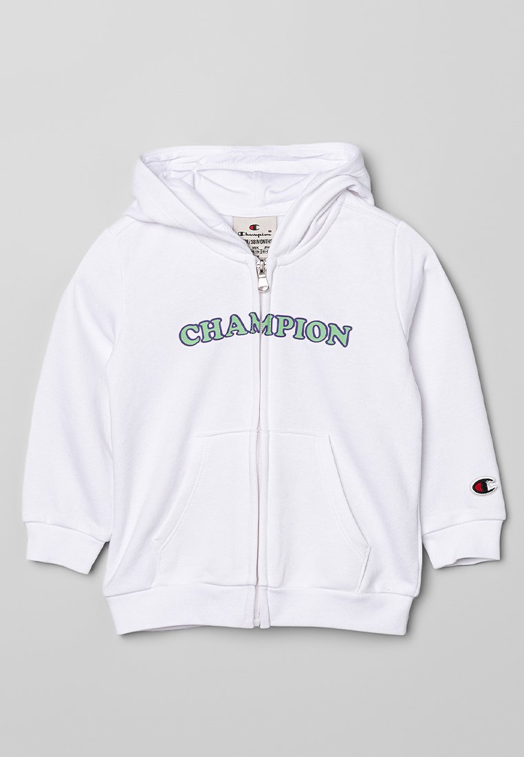 Felpa bianca con zip e tasca a canguro, con la scritta "CHAMPION" in verde e viola sul petto e un piccolo logo sul maniche.