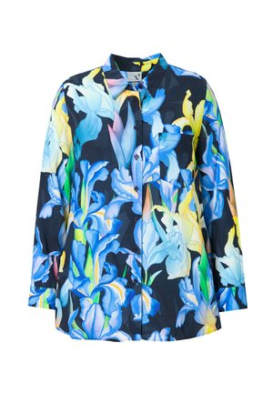 Koszula w kwiaty z button-up, z niebieskimi, żółtymi i zielonymi irysami na granatowym tle, z kołnierzykiem i jedną kieszonką na piersiach.