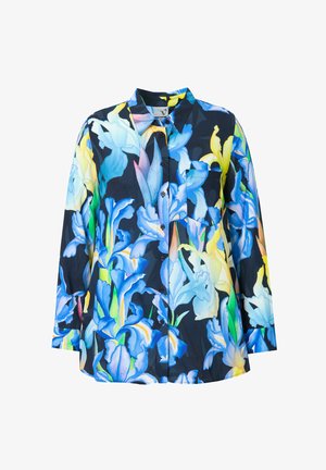 Koszula w kwiaty z button-up, z niebieskimi, żółtymi i zielonymi irysami na granatowym tle, z kołnierzykiem i jedną kieszonką na piersiach.