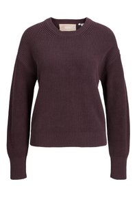 Maglione lavorato a maglia di un profondo viola, caratterizzato da un colletto rotondo, maniche lunghe e texture a costine sui polsini e sull'orlo. Design semplice e classico.