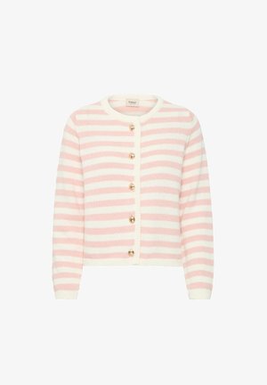 Roza in bela črtasta jopica z okroglim izrezom, dolgimi rokavi, sprednjim zaprtnjem na gumb in zlatimi gumbi. Mehka pletena tekstura.