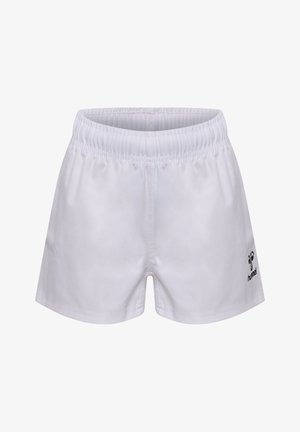 Weiße Sportshorts mit elastischem Bund und kleinem schwarzem Markenlogo am unteren rechten Bein.