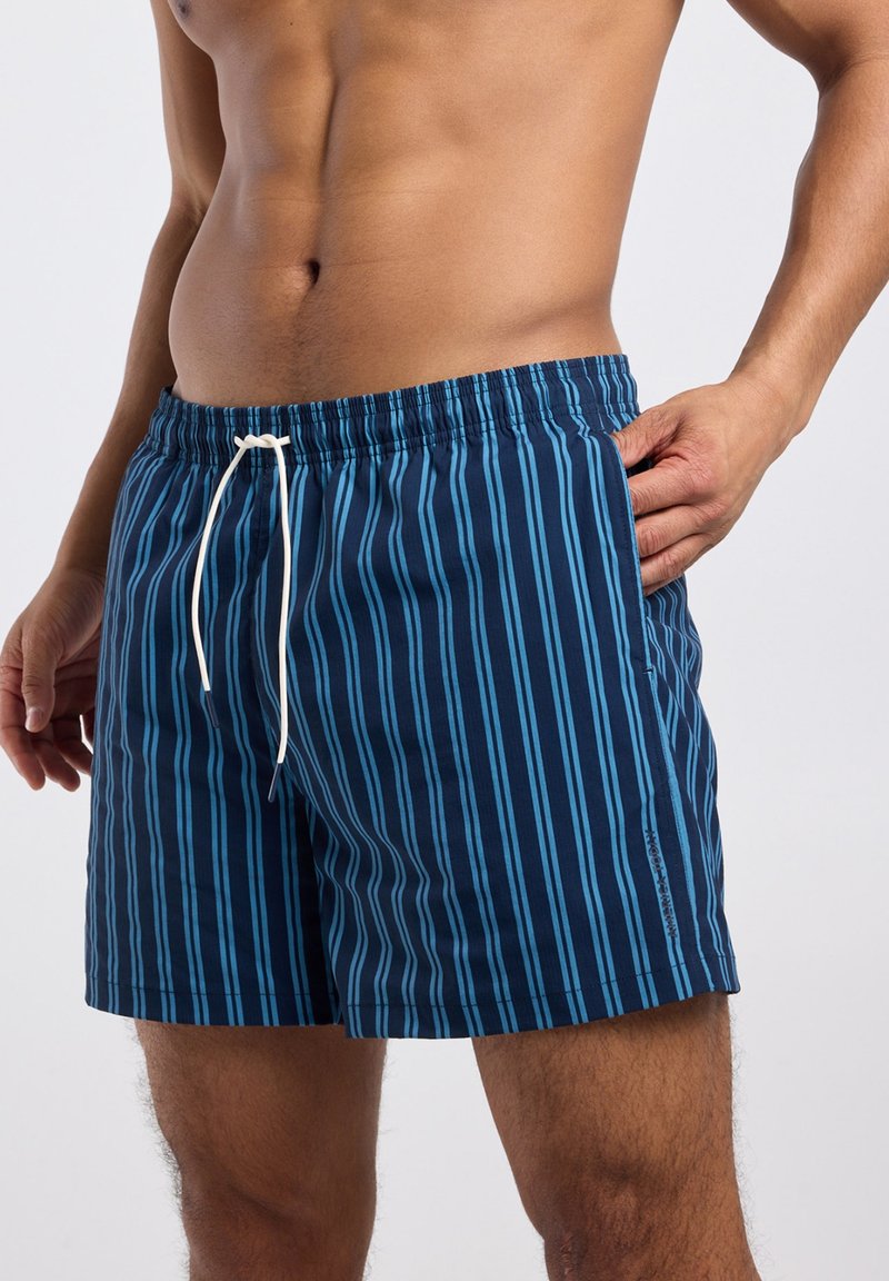 Torso maschile che indossa pantaloncini da nuoto a righe blu con coulisse bianca, mano appoggiata nella tasca destra, su uno sfondo chiaro uniforme.