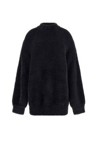 Pull noir et duveteux avec un col haut, des épaules tombantes et des manches longues. Tissu texturé et poignets côtelés. Pas de motifs ni d'embellissements.
