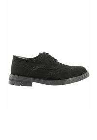 Scarpe eleganti in suede nero con dettagli brogue, punta arrotondata e suola piatta in gomma. Presentano una chiusura con lacci e accenti cuciti lungo i bordi.