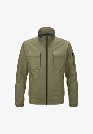 Leichte Herrenjacke in Olivgrün mit Frontreißverschluss, zwei Brusttaschen mit Klappen, zwei seitlichen Reißverschlusstaschen und einer Reißverschlusstasche am linken Ärmel.