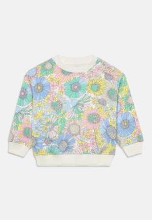 Sweat-shirt col rond avec motif floral multicolore pastel en rose, bleu, jaune et vert, avec poignets et ourlet côtelés couleur écrue.