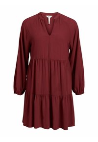 Robe bordeaux en tissu léger, dotée d'un col en V, de manches longues raglan et d'une jupe évasée à volants. Texture lisse et design décontracté.