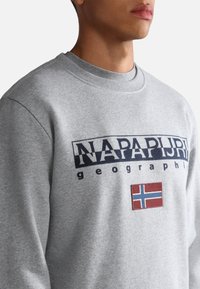 Felpa grigia con un logo con "NAPAPIJRI" in nero e una piccola patch con il simbolo della bandiera norvegese rossa, blu e bianca sul davanti.