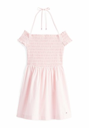 Vestido de algodón rosa con mangas caídas, cuerpo fruncido y una falda fluida. Se ata en el cuello y tiene un sutil logotipo de la marca en el dobladillo.