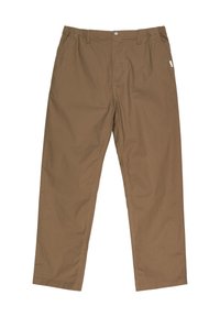 Brown, lightweight, cotton blend pants with a straight leg design, featuring a button closure and side pockets. Smooth texture, no patterns.