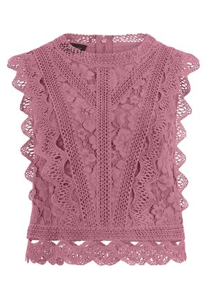 Top sans manches en dentelle mauve avec motifs floraux, bords festonnés et fermeture éclair au dos.