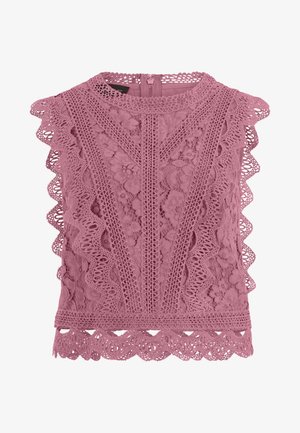 Top sans manches en dentelle mauve avec motifs floraux, bords festonnés et fermeture éclair au dos.