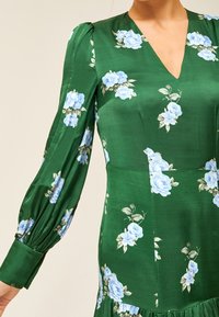 Femme portant une robe verte à manches longues, décolleté en V et motif floral avec des roses bleues, vue des épaules jusqu'à mi-cuisse.