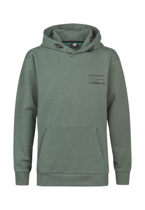 Sudadera verde con capucha, bolsillo canguro y puños de canalé. Presenta un logotipo impreso en el lado izquierdo del pecho en azul oscuro. Material suave de forro polar.