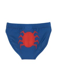 Un maillot de bain bleu avec un motif de spider rouge sur le devant. Il dispose d'un motif en maille et d'une taille élastique pour le confort et l'ajustement.