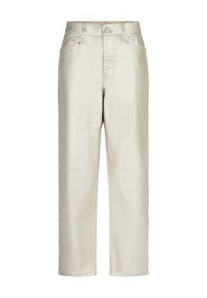 Lichtbeige jeans van gladde stof, met een hoge taille, rechte pijpen, voorzakken en een metalen knoopsluiting.