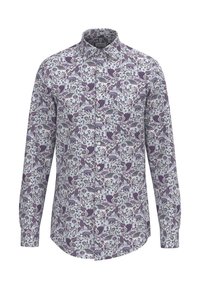 Camicia a maniche lunghe con un motivo floreale viola e bianco, chiusura con bottoni davanti e colletto classico in un tessuto morbido.