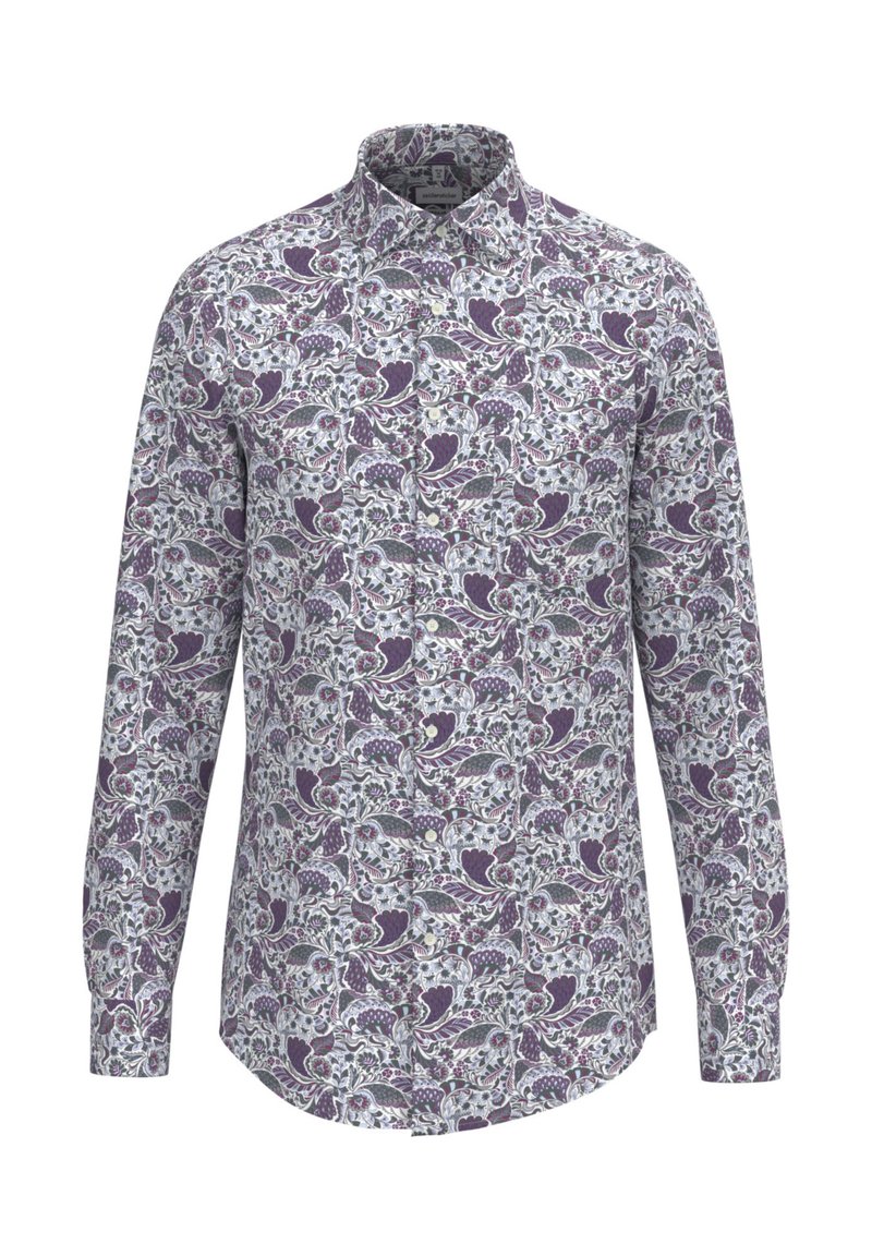 Camicia a maniche lunghe con un motivo floreale viola e bianco, chiusura con bottoni davanti e colletto classico in un tessuto morbido.