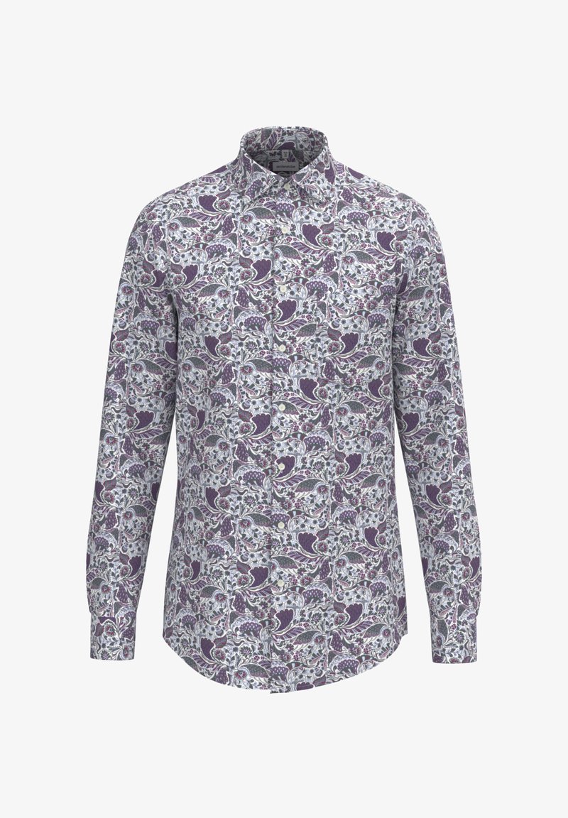 Koszula z długim rękawem w fioletowo-białym kwiatowym wzorze, zapinana na guziki z klasycznym kołnierzykiem, wykonana z miękkiego materiału.