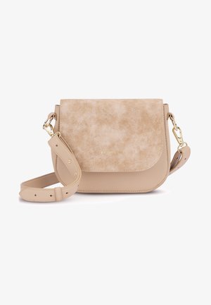 Beige crossbody bag with smooth leather bottom and textured suede flap. Gold-tone hardware and adjustable strap with multiple holes.