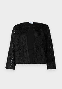 Black jacket with textured, layered floral pattern. Open front design, long sleeves, and a smooth inner lining. No fastenings visible.