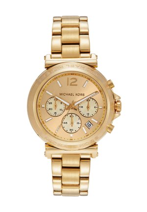 Reloj analógico dorado Michael Kors con tres subesferas, ventana de fecha a las 4 en punto y correa de brazalete metálico enlazado.