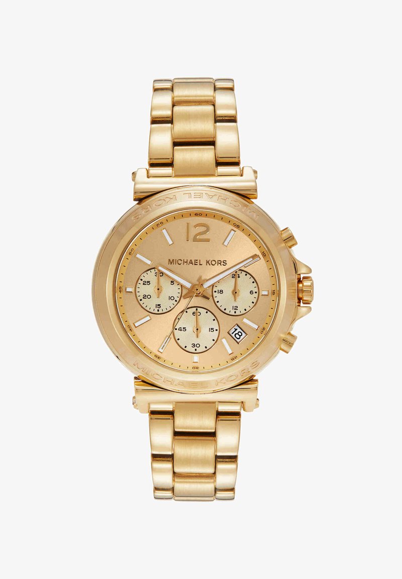 Gold Michael Kors analog watch with three subdials, date window at 4 o'clock, and linked metal bracelet strap.