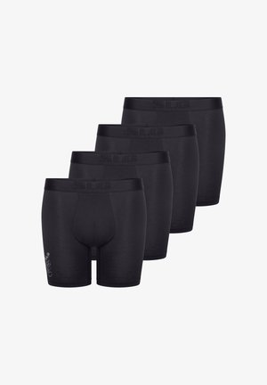 Caleçons boxer noirs en lot de quatre. Confectionnés dans un tissu lisse, avec une ceinture élastique portant le nom de la marque imprimé.