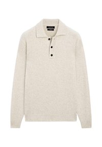 Jasnoszary sweter dziany z kołnierzykiem, plisą z czterema guzikami oraz ściągaczami na mankietach i dolnym brzegu. Miękka faktura z subtelnymi detalami.