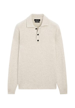 Hellgrauer, gestrickter Pullover mit Kragen, vier Knöpfen an der Blende sowie gerippten Bündchen und Saum. Weiche Textur mit dezenten Details.