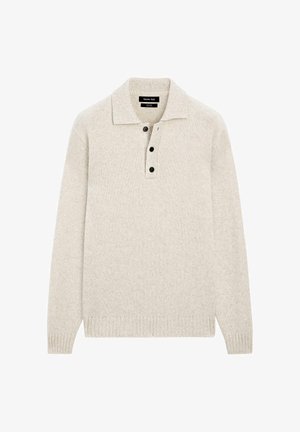 Hellgrauer, gestrickter Pullover mit Kragen, vier Knöpfen an der Blende sowie gerippten Bündchen und Saum. Weiche Textur mit dezenten Details.