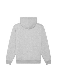 Felpa grigia con cappuccio regolabile, polsini e orlo a coste, e una consistenza morbida. La vista posteriore mostra un design semplice e senza cuciture.