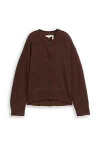 Brauner gerippter Cardigan mit V-Ausschnitt, der sechs schwarze Knöpfe auf der Vorderseite und breite Ärmel hat, was eine lockere Passform schafft.