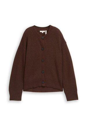 Bruine geribbelde cardigan met een v-hals, voorzien van zes zwarte knopen aan de voorkant en brede mouwen, wat zorgt voor een ontspannen pasvorm.